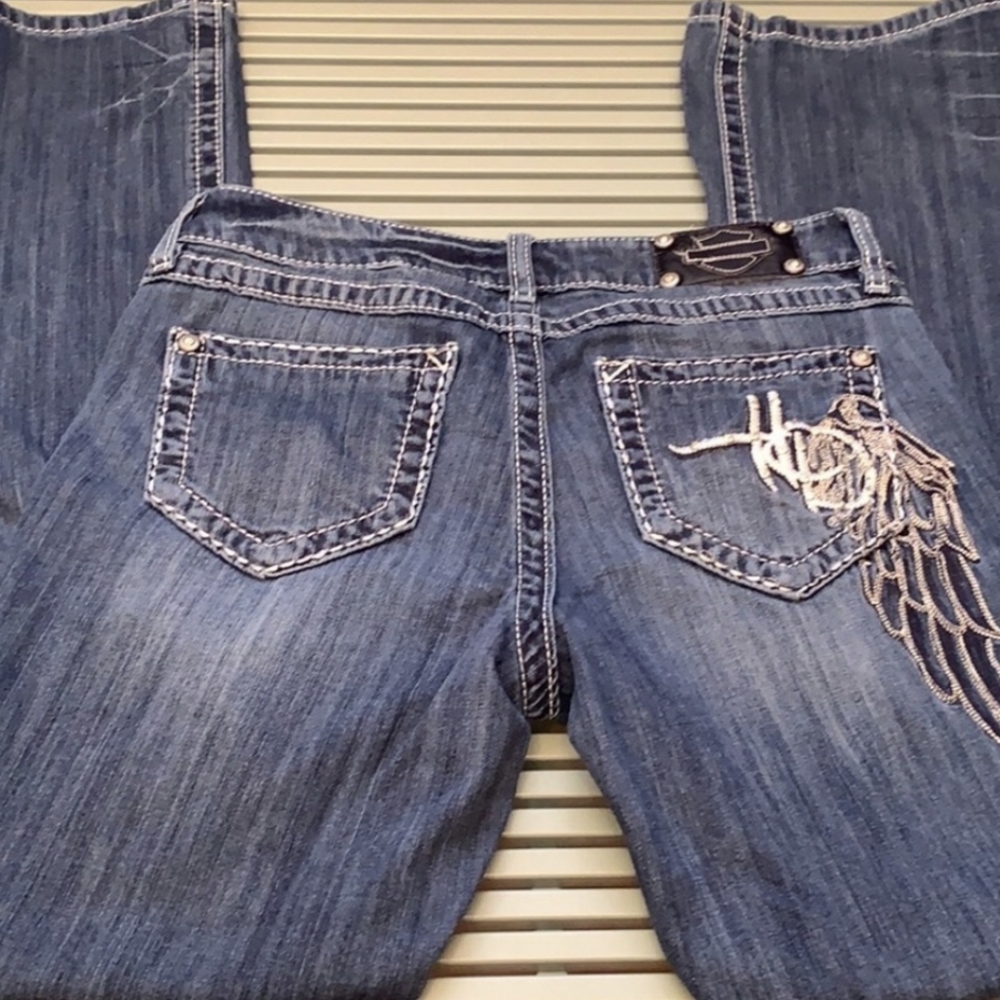 H-D® Womens Curvy Boot Cut Embellished Wing Mid-Rise Blue Jeans